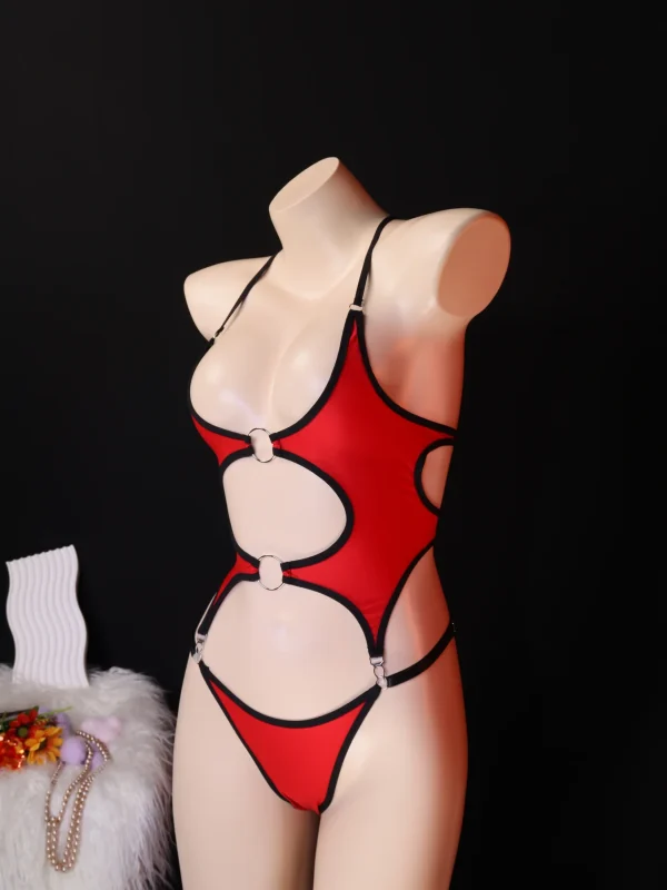 Red Black Cutout Bodysuit for Women