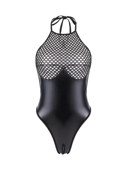 Black Fishnet Halter Bodysuit for Women