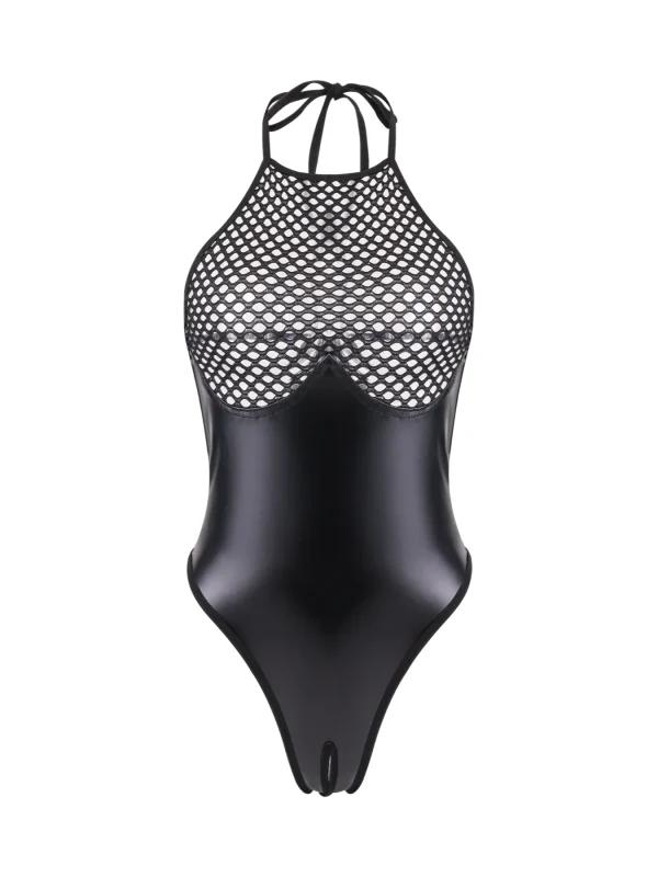 Black Fishnet Halter Bodysuit for Women