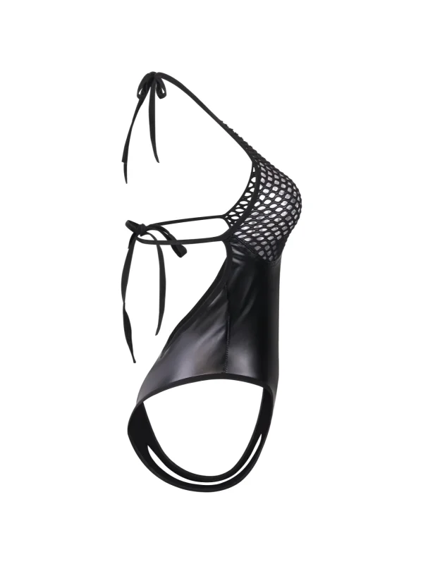 Black Fishnet Halter Bodysuit for Women