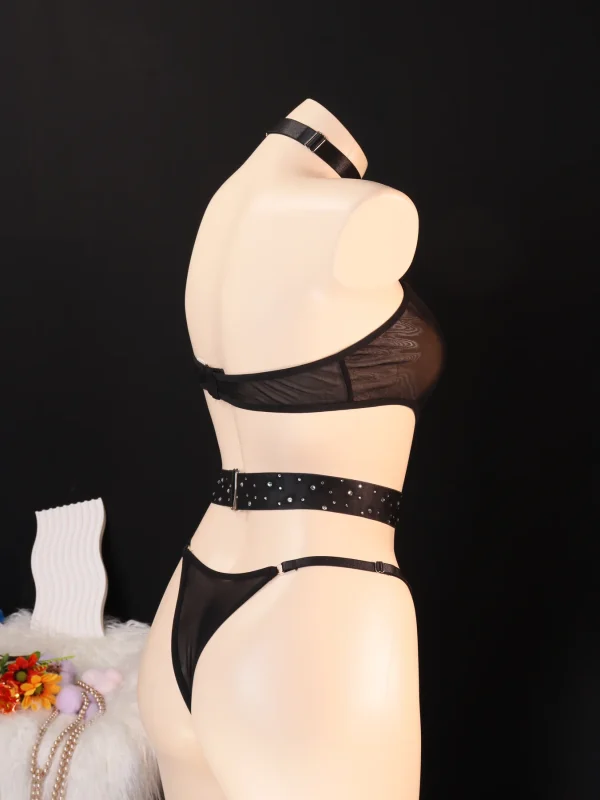 Black Rhinestone Cutout Three Piece Set for Women