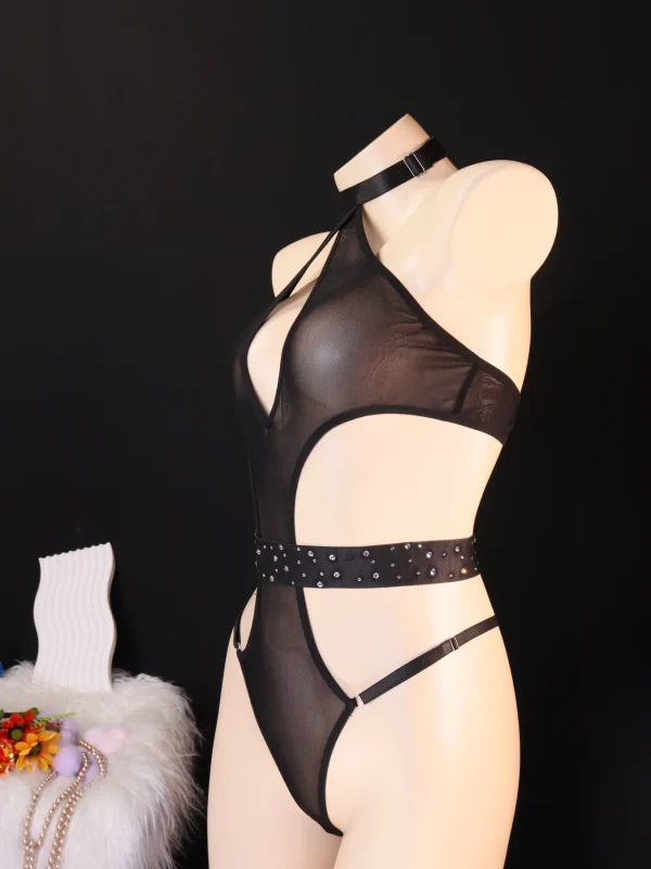 Black Rhinestone Cutout Three Piece Set for Women