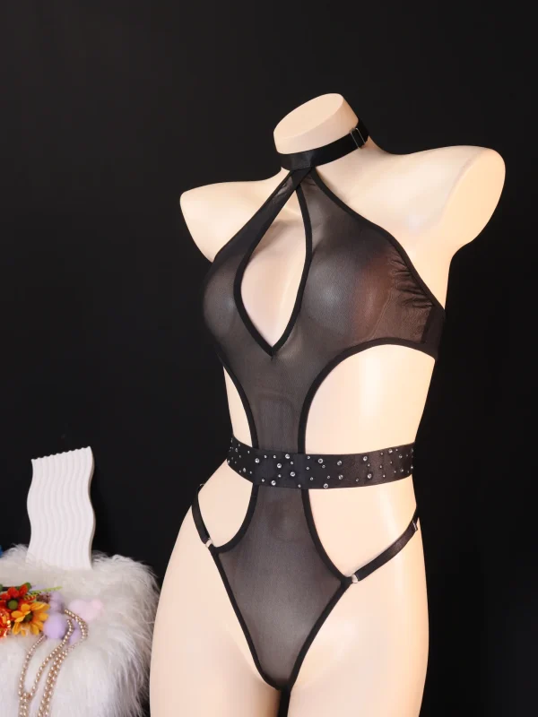 Black Rhinestone Cutout Three Piece Set for Women