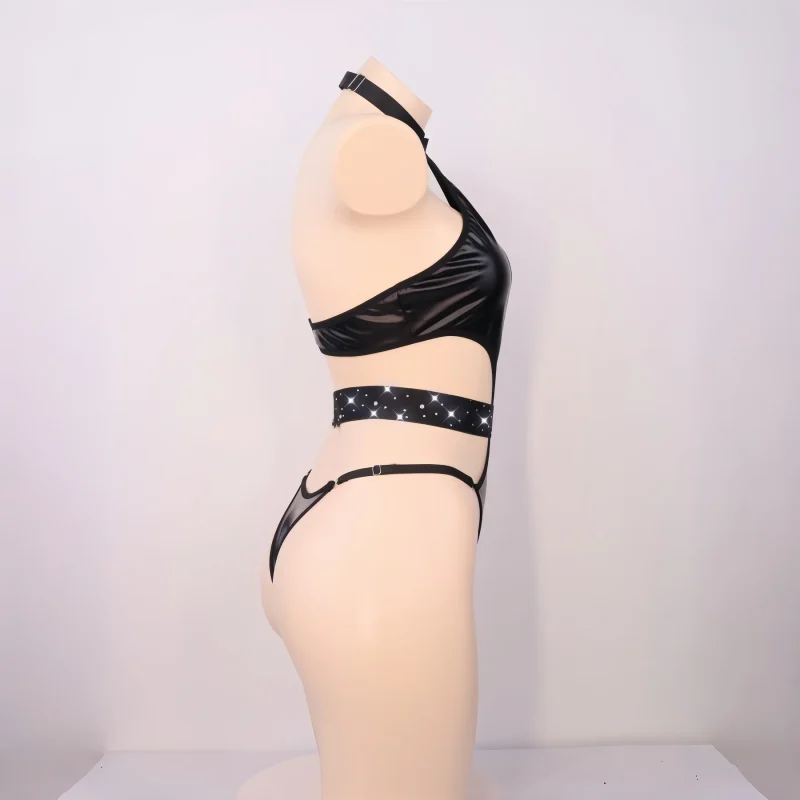 Black Cutout Halter Lingerie Set for Women