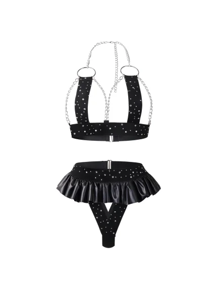 Black Rhinestone Chain Skirt Lingerie Set for Women