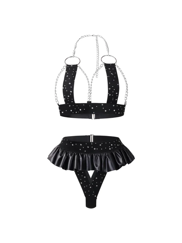 Black Rhinestone Chain Skirt Lingerie Set for Women