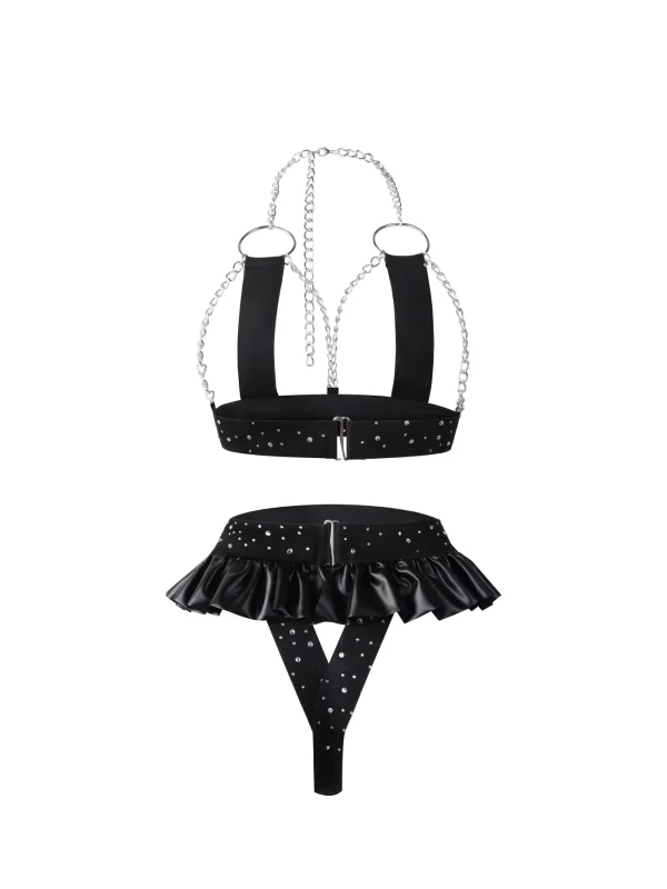 Black Rhinestone Chain Skirt Lingerie Set for Women