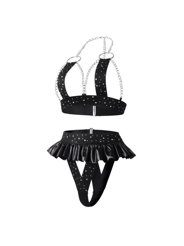 Black Rhinestone Chain Skirt Lingerie Set for Women