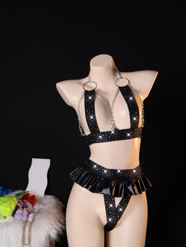 Black Rhinestone Chain Skirt Lingerie Set for Women