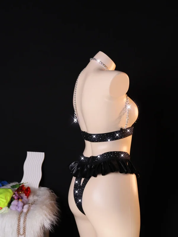 Black Rhinestone Chain Skirt Lingerie Set for Women