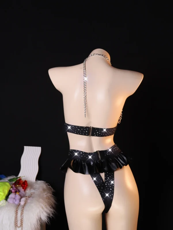 Black Rhinestone Chain Skirt Lingerie Set for Women