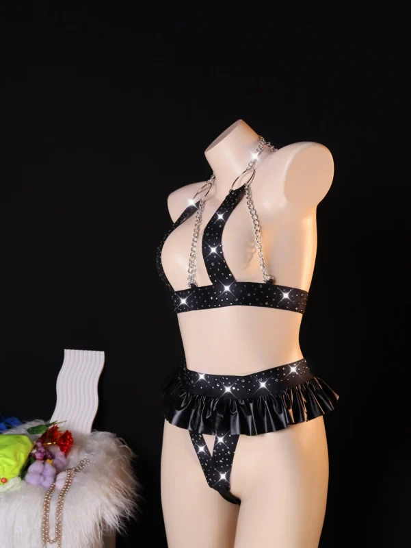 Black Rhinestone Chain Skirt Lingerie Set