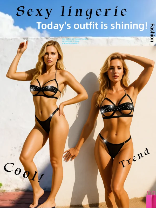 Black Rhinestone Lingerie Set for Women