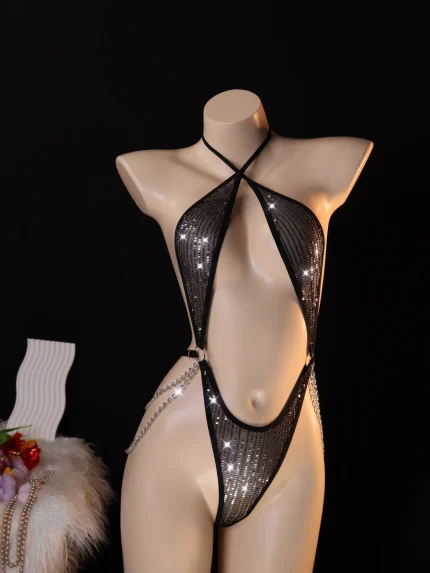 Black Rhinestone Chain Body Harness Lingerie Accessory