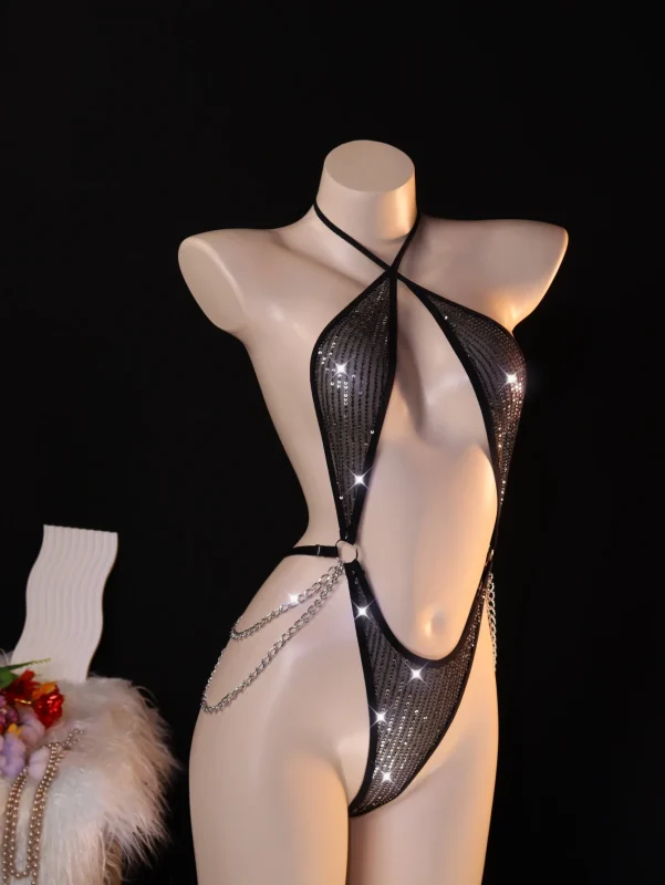 Black Rhinestone Chain Body Harness Lingerie Accessory
