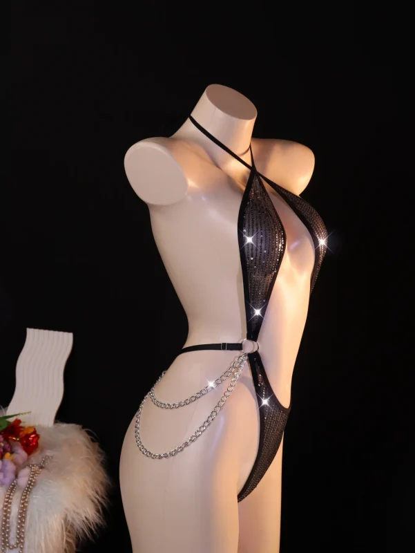 Black Rhinestone Chain Body Harness Lingerie Accessory