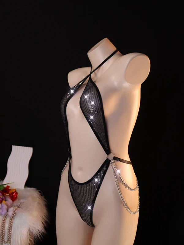 Black Rhinestone Chain Body Harness Lingerie Accessory