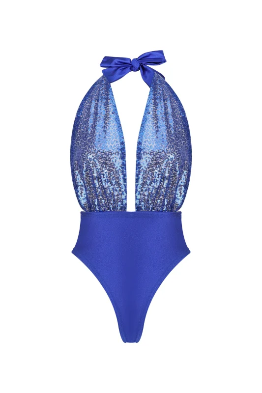 Blue Sequin Cutout Bodysuit for Women