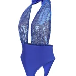 Blue Sequin Cutout Bodysuit